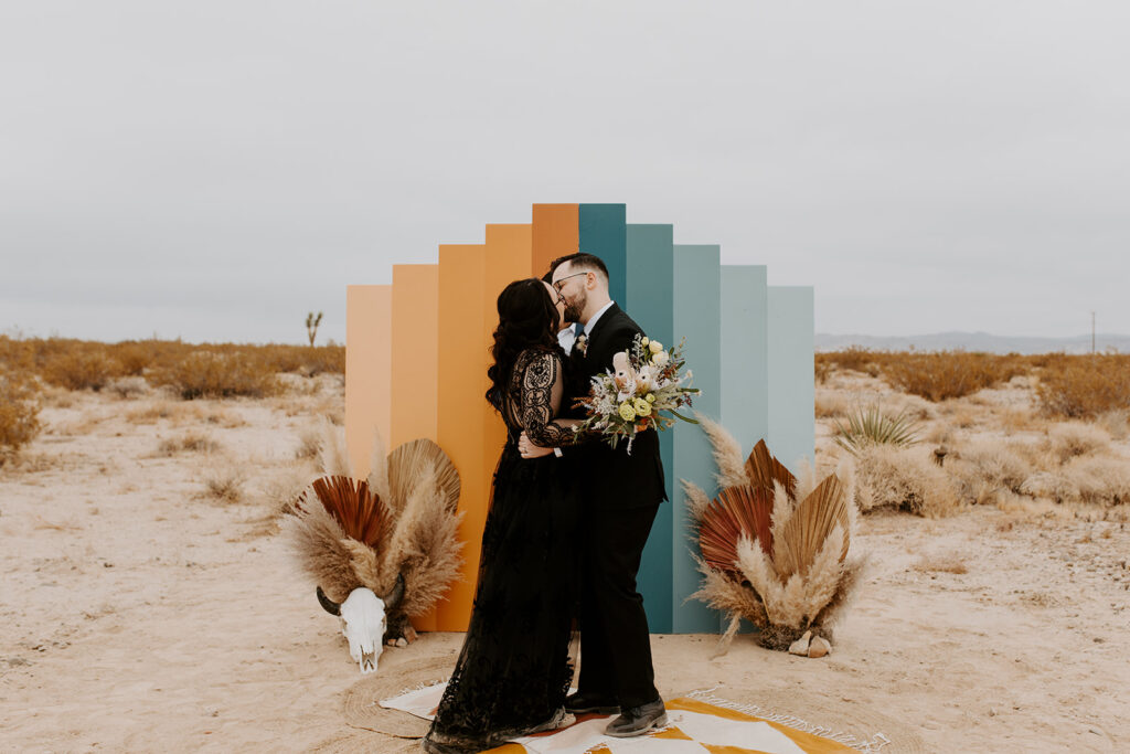 Desert Wedding Ceremony, Colorful wedding backdrop, San Diego Wedding Photographer, Joshua Tree Elopement,  Elope in Joshua tree,