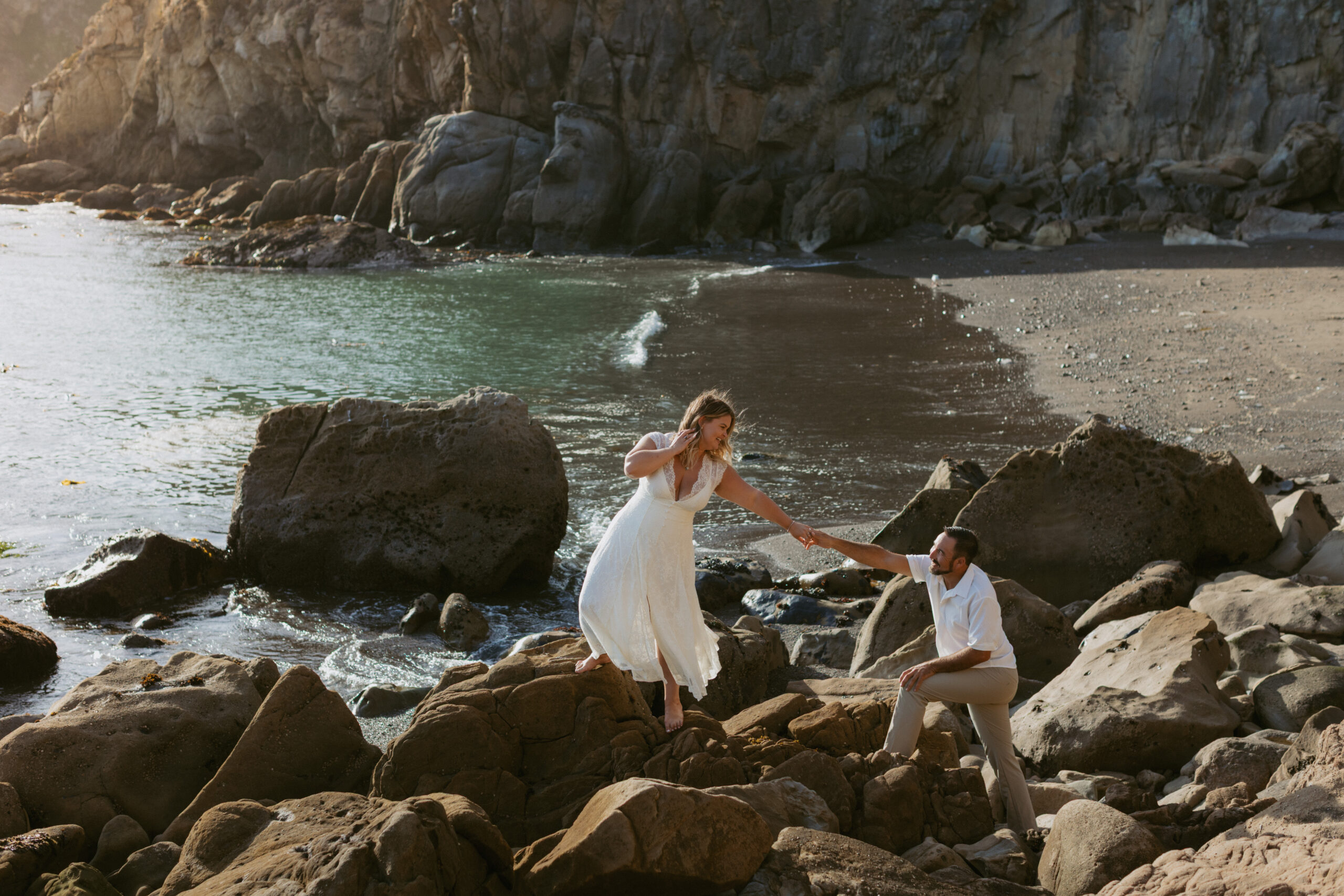 Golden hour engagement photo on the California coastline in Bodega Bay, Seaside Engagement session on the California Coast, California Wedding Photographer, Central California Engagement Photos,