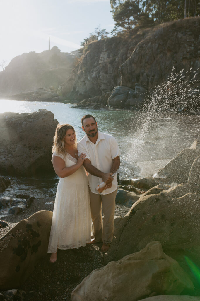 Romantic California coast engagement photo at Bodega Bay beach, Bay Engagement Session, Central Coast Engagement Photographer, Wedding Photographer in Central California, Seaside Engagement Session, Champagne photos on the beach, 