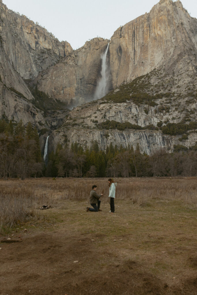 Emotional surprise proposal in Cooks Meadow Yosemite as Johnny kneels and Lydia reacts with laughter and tears.
