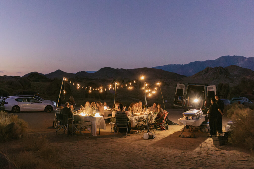 A California Elopement Photographer Captures a family Gathering for dinner after an Elopement Experiance in the Desert. 