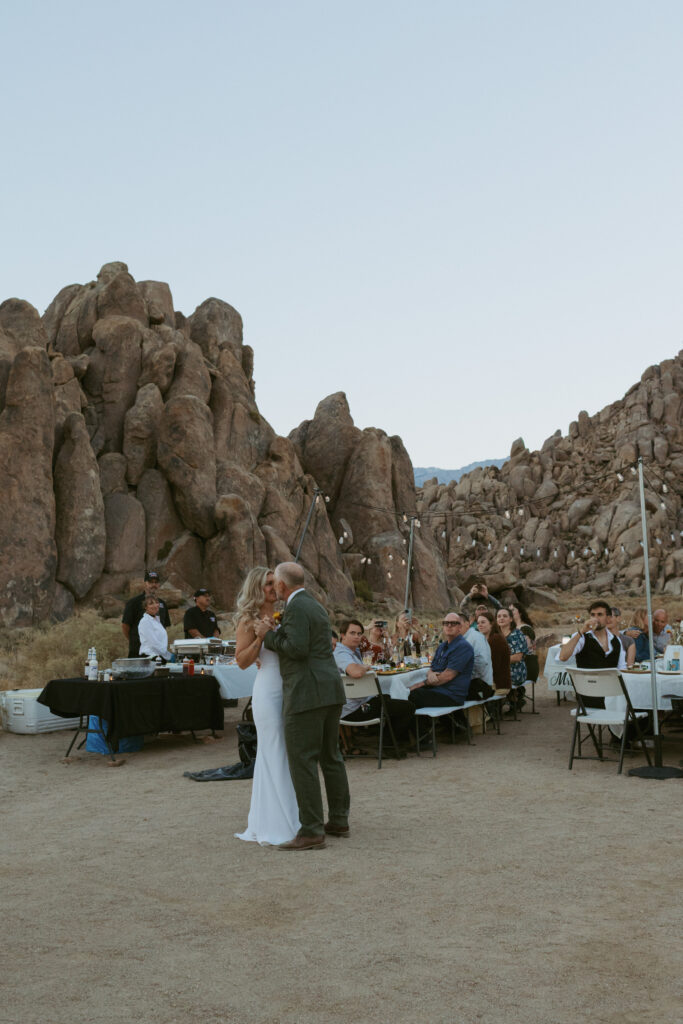 Couples shares first dance in the Desert in  Lone Pine California for their California Elopement and Intimate wedding 