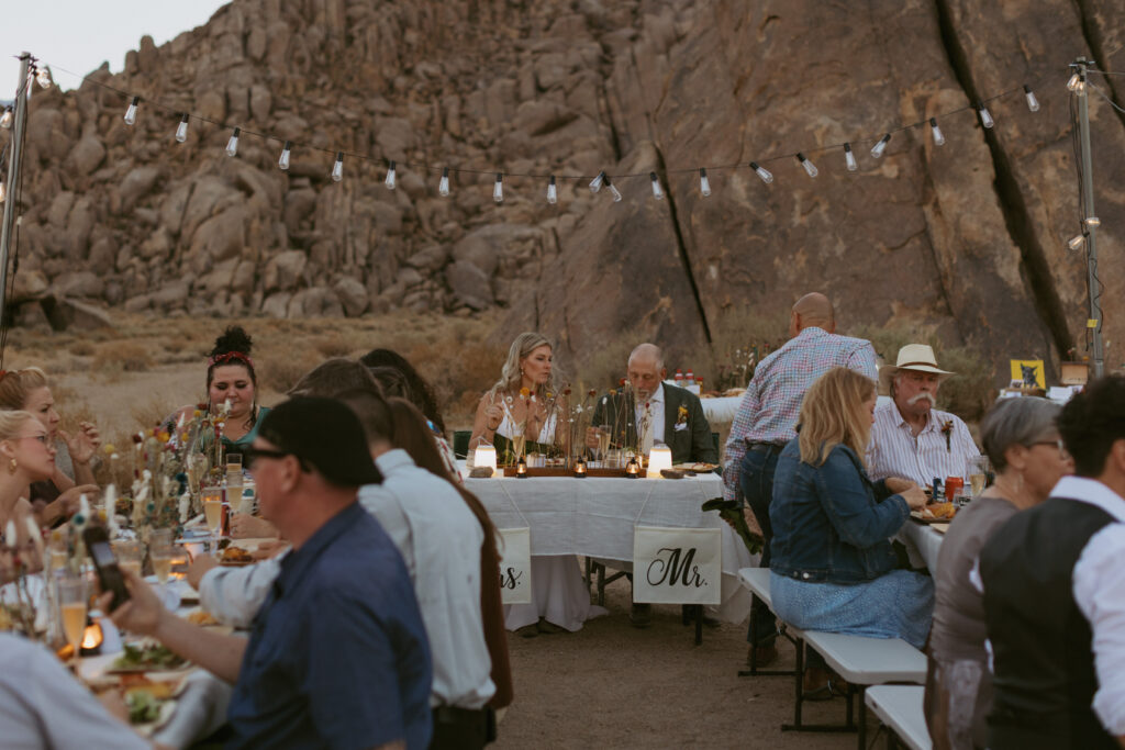 Dinner in the Desert In Lone Pine California, A Yosemite Elopement Photographer was there to Capture this National Park themed Intimate wedding Reception.