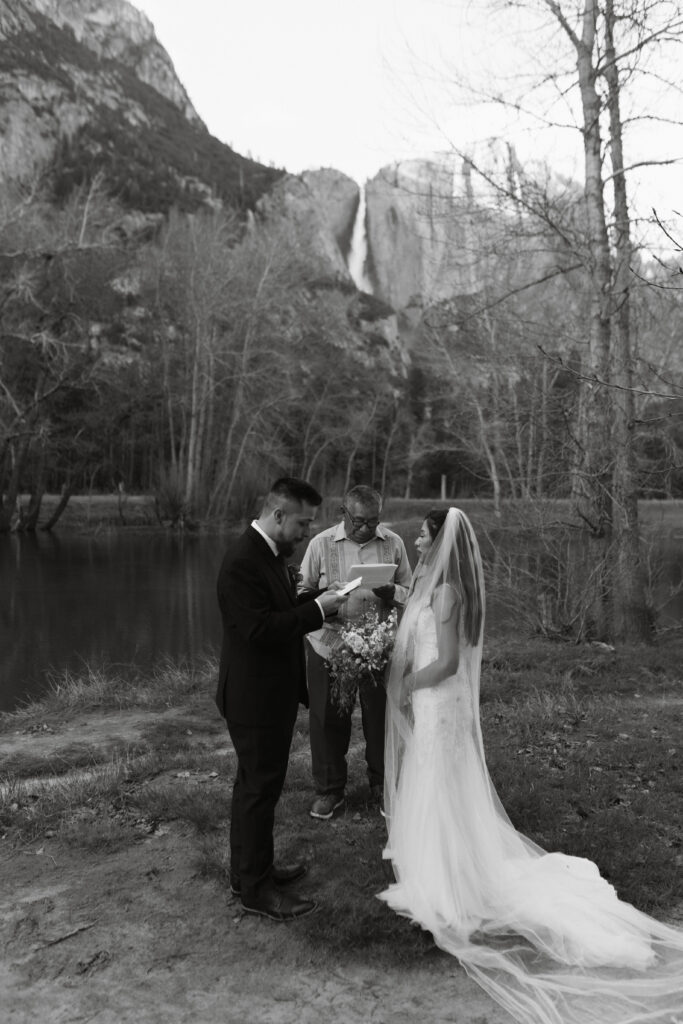 Elopement Ceremony in Yosemite Valley With Yosemite Falls in the Backdrop, 