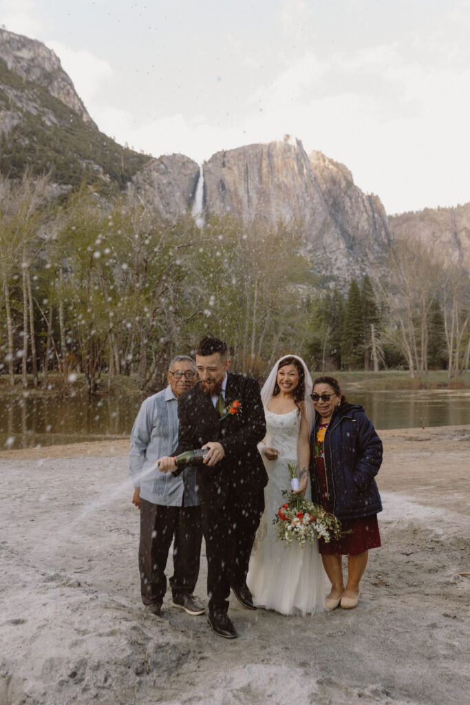 Intimate elopement river side inYosemite Valley Champagne Celebration, 