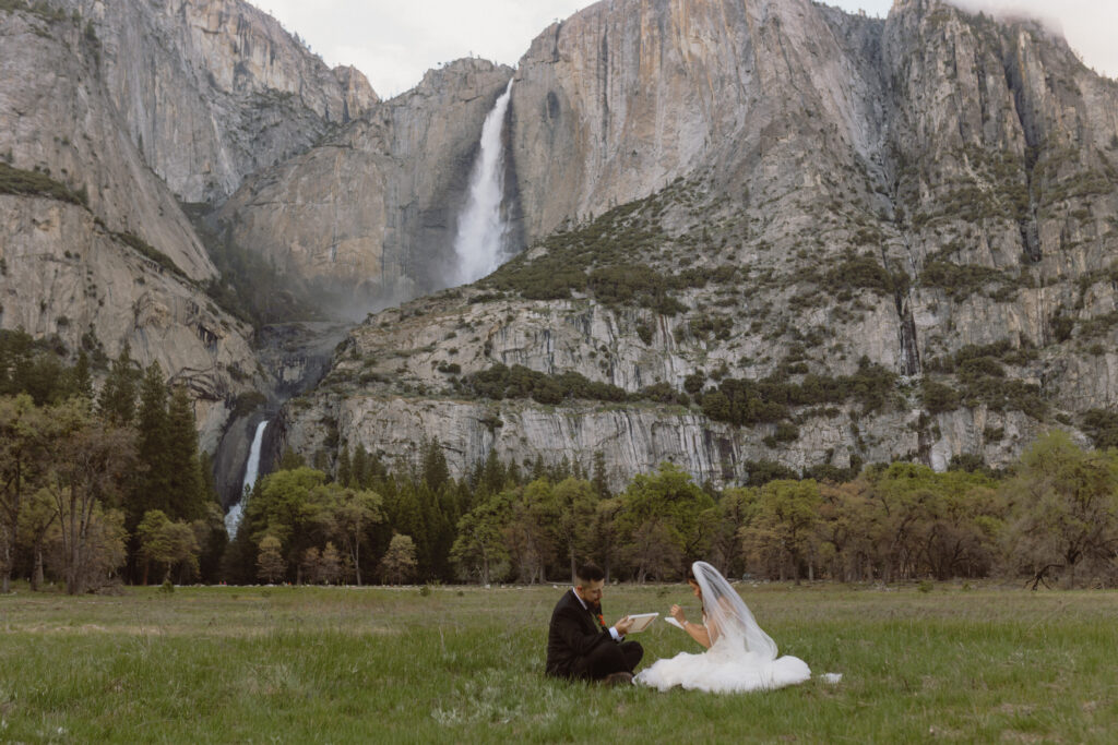 Elopement in Yosemite, couple is painting in cooks meadow recreating their first date. 
