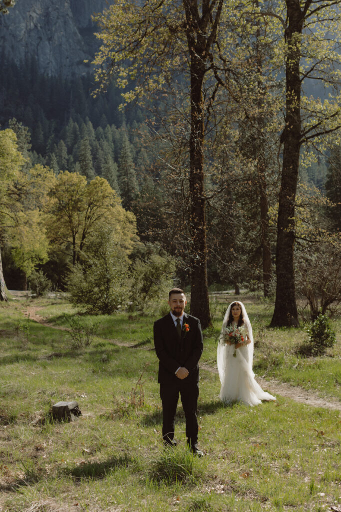 A first look in a meadow in Yosemite Valley, Couples Elopement inYosemite National Park,