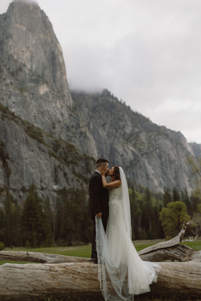 Couple Poses on a Log in Cooks Meadow During their Yosemite Elopement Photography Session.