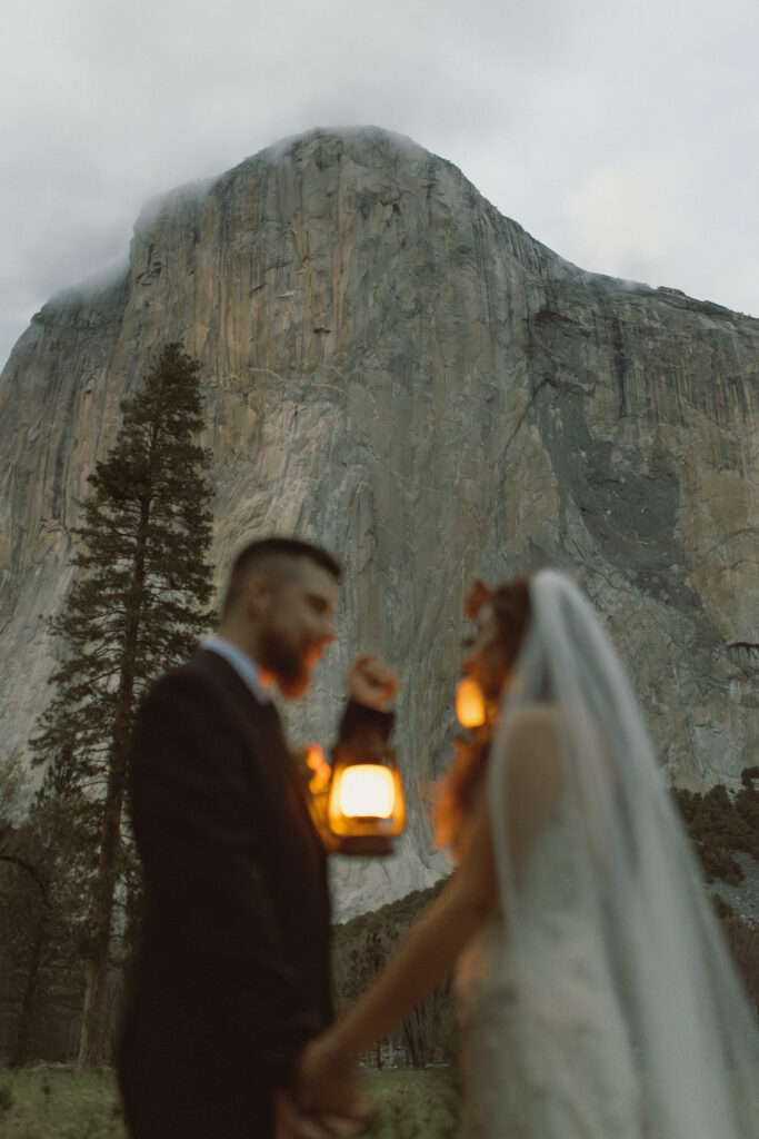 Lantern Photos with couple During their elopement in Yosemite National Park with a  Local Yosemite Elopement Photographer