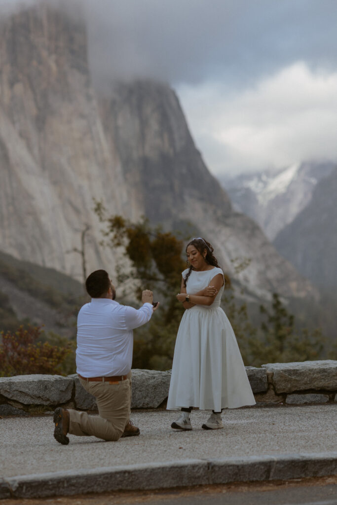 She's said Yes at Tunnel View in Yosemite National Park During a surprise proposal 