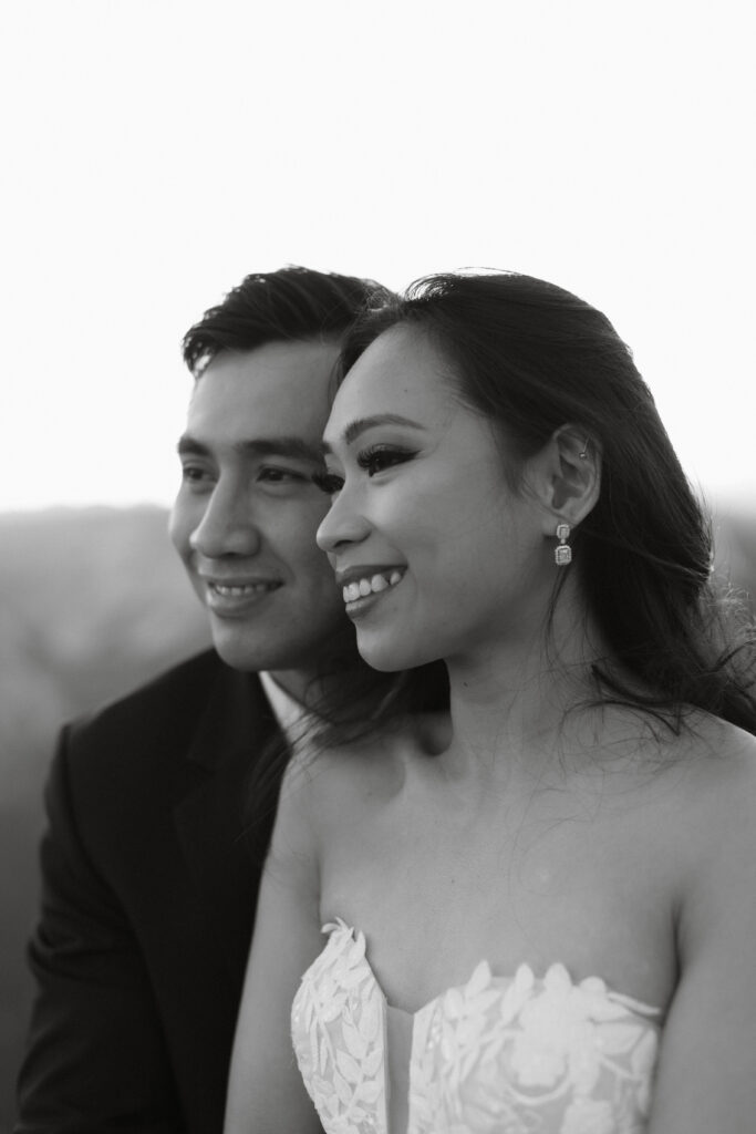 close up on couples faces at glacier point on their wedding photo session 