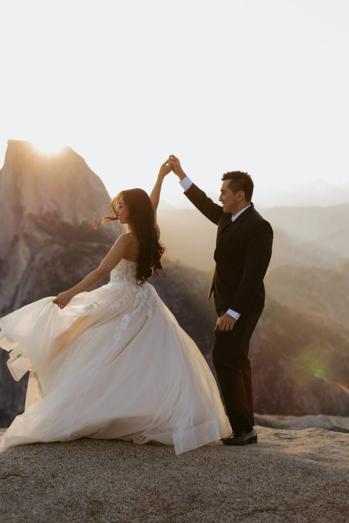 Yosemite Sunrise at half dome, Yosemite wedding photographer takes couples photos 