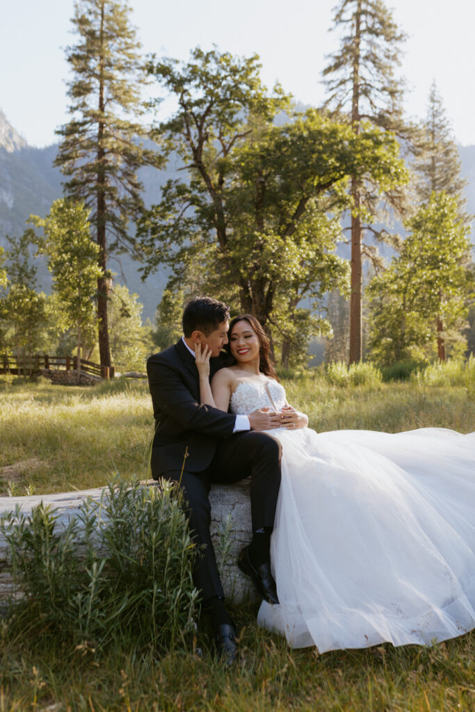 a bride and groom sit on tree log in cooks meadow and share an embrace 