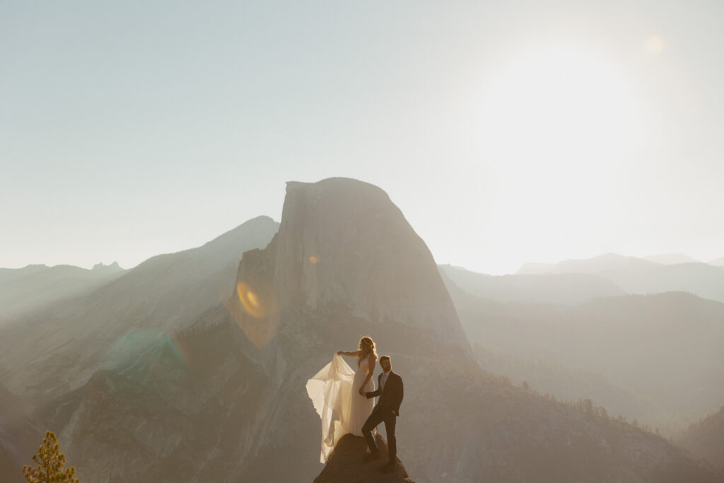 A couple in Front of Half Dome on Their Yosemite California Elopement Day 
