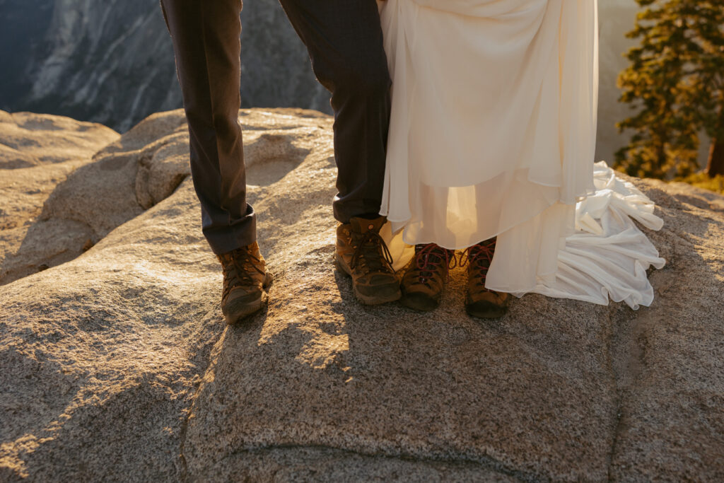 Couples Hiking Boots after Hiking to their California Elopement Ceremony location 